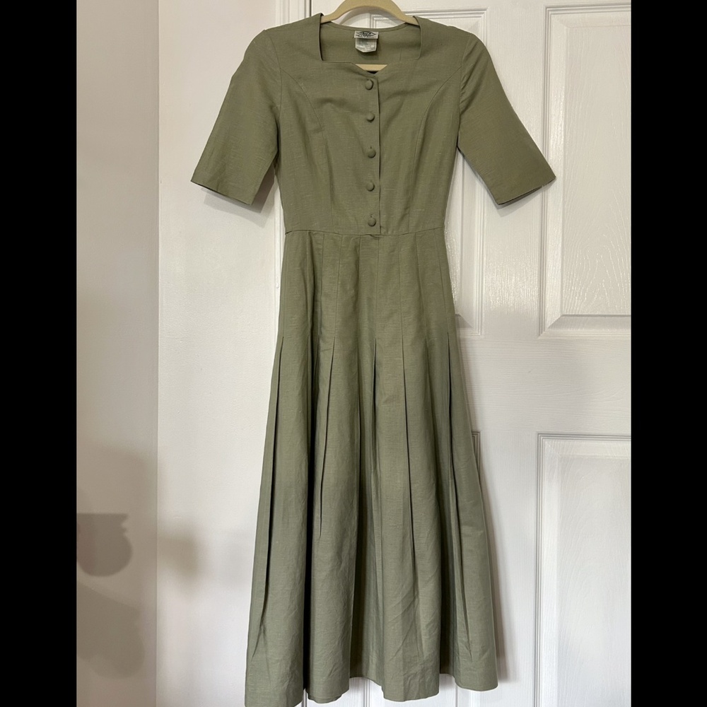 Vintage Laura Ashley Sage Green Linen Cotton Blend Pleated Dress